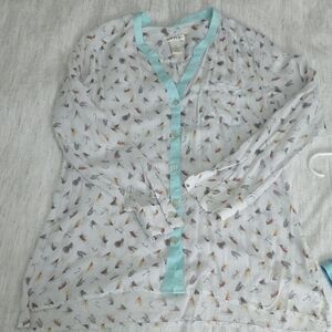 Orvis White Sheer Button-Front Top with Aqua Trim and Fishing Lure Print
